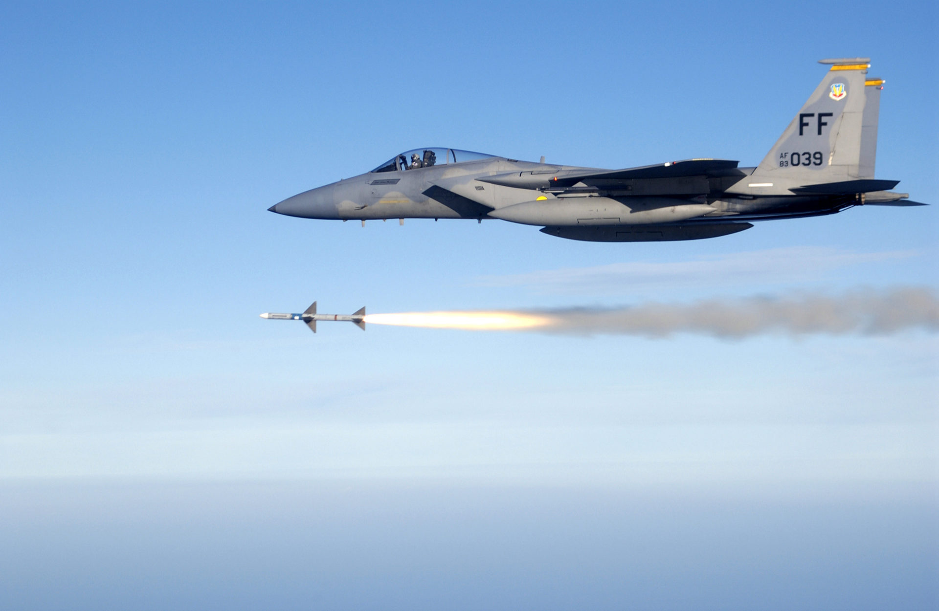 OVER THE GULF OF MEXICO -- First Lt. Charles Schuck fires an AIM-7 Sparrow medium range air-to-air missile from an F-15 Eagle here while supporting a Combat Archer air-to-air weapons system evaluation program mission. He and other Airmen of the 71st Fighter Squadron deployed from Langley Air Force Base, Va., to Tyndall AFB, Fla., to support the program. (U.S. Air Force photo by Master Sgt. Michael Ammons)