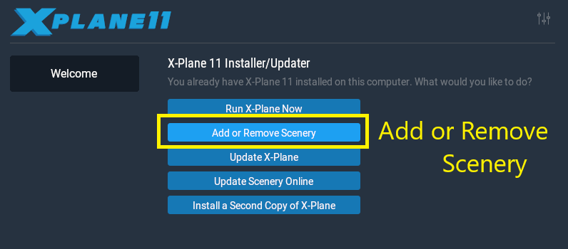 X Plane 11 Add or Remove Scenery Option