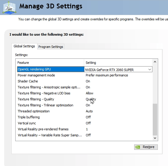 nvidia control panel settings for manage 3d settings