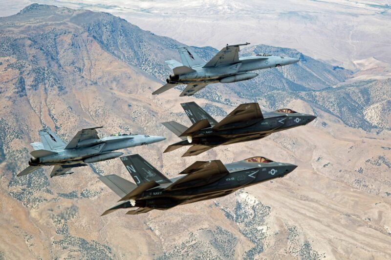 Navy aircraft in formation F 35 & F 18 HOrnet